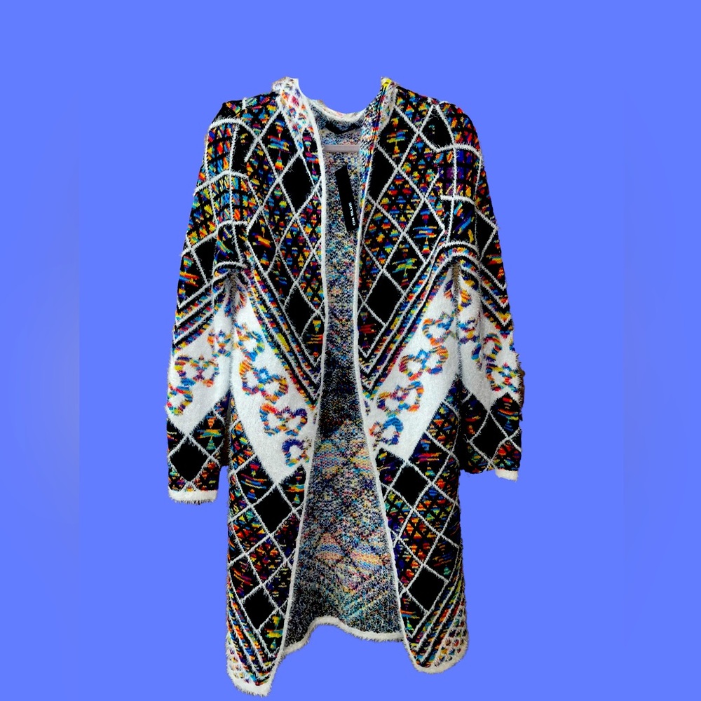 🆕 #8- On Blue long cardigan/Sweater Multicolor Hooded aztec Rainbow, Size Sm